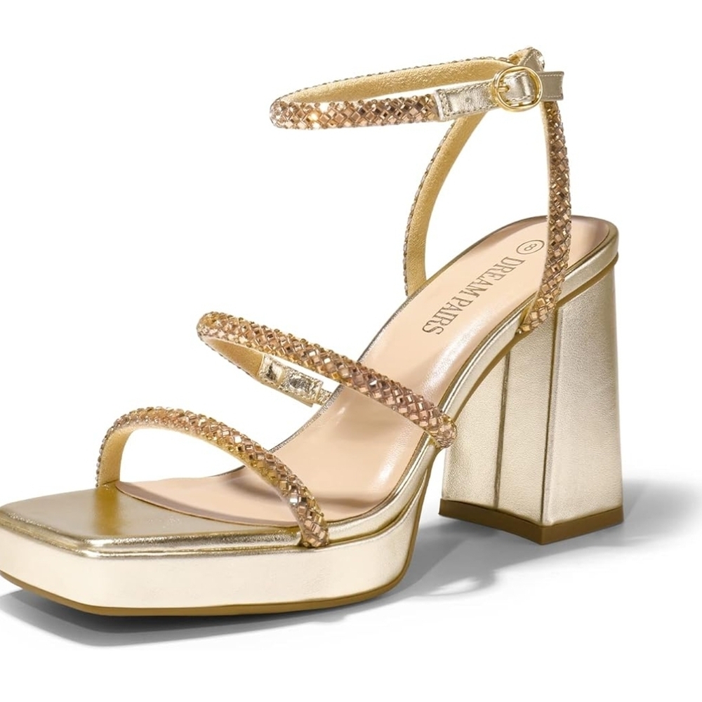 NEW, DREAM PAIRS Platform Strappy Heels Open Toe Ankle Strap Square Heels, GOLD